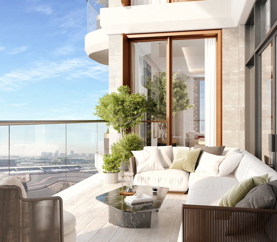 Takaya penthouse balcony with Motor City views