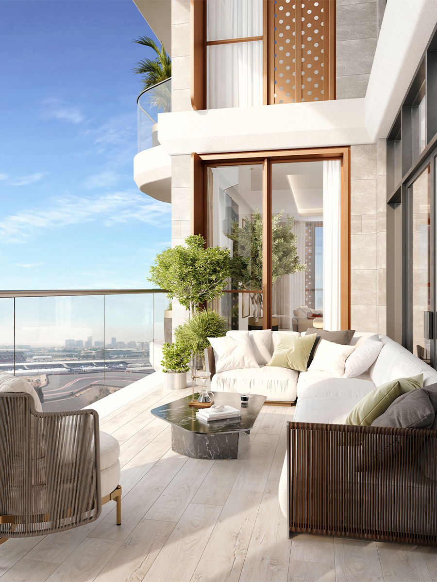 Takaya penthouse balcony with Motor City views