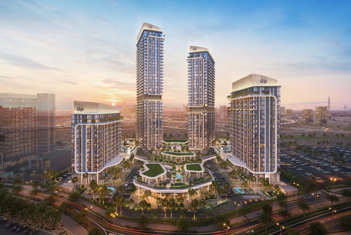 Mirdad residential towers exterior at dusk