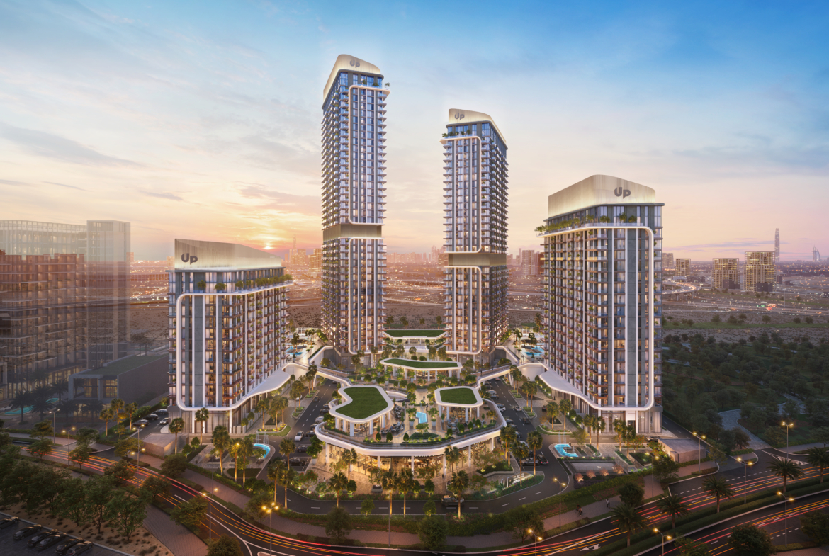 Mirdad by Union Properties towers and landscaped park at dusk