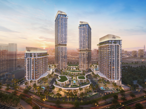 Mirdad by Union Properties towers and landscaped park at dusk