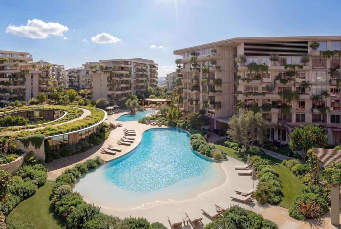 Arancia Yards lagoon pool and landscaped residential buildings by BEYOND