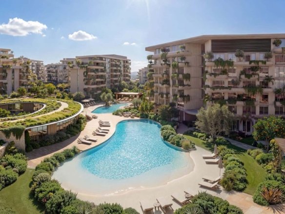 Arancia Yards lagoon pool and landscaped residential buildings by BEYOND