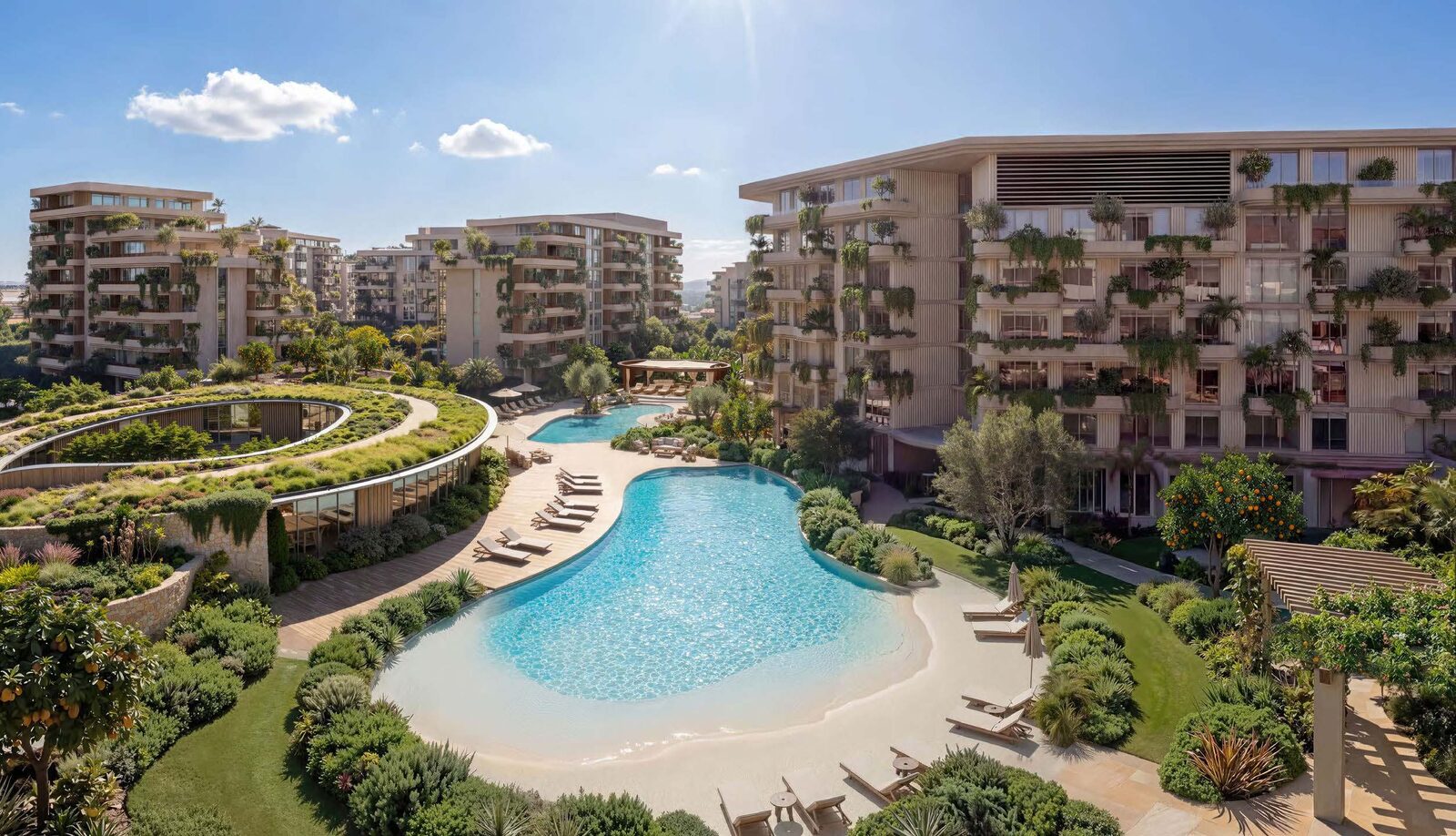 Arancia Yards lagoon pool and landscaped residential buildings by BEYOND