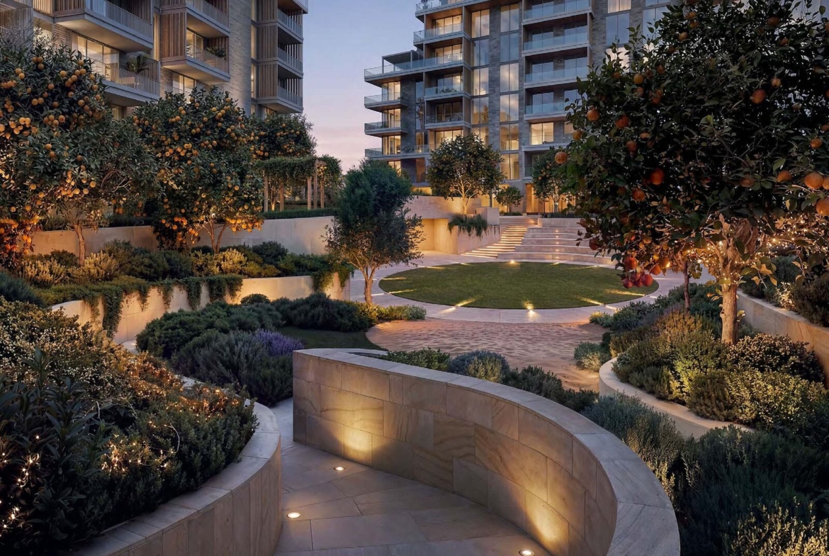 Landscaped evening courtyard at Arancia Yards by BEYOND