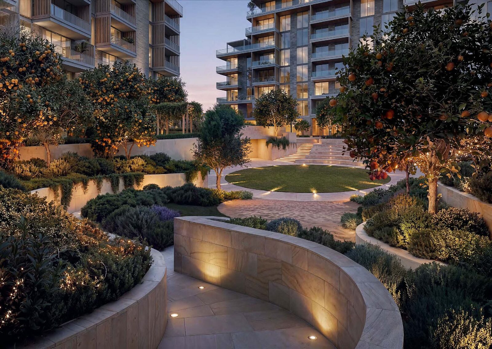Landscaped evening courtyard at Arancia Yards by BEYOND