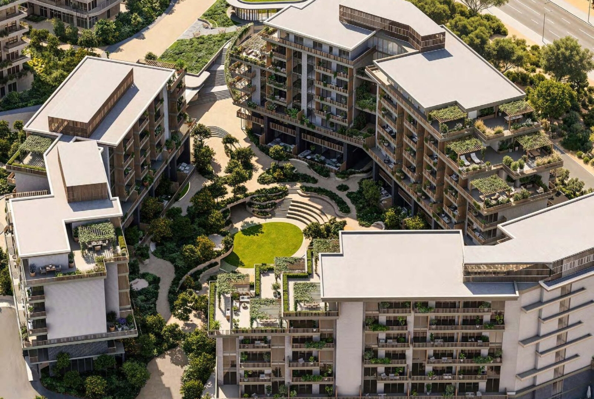 Aerial view of Arancia Yards Phase 1 buildings and central courtyard