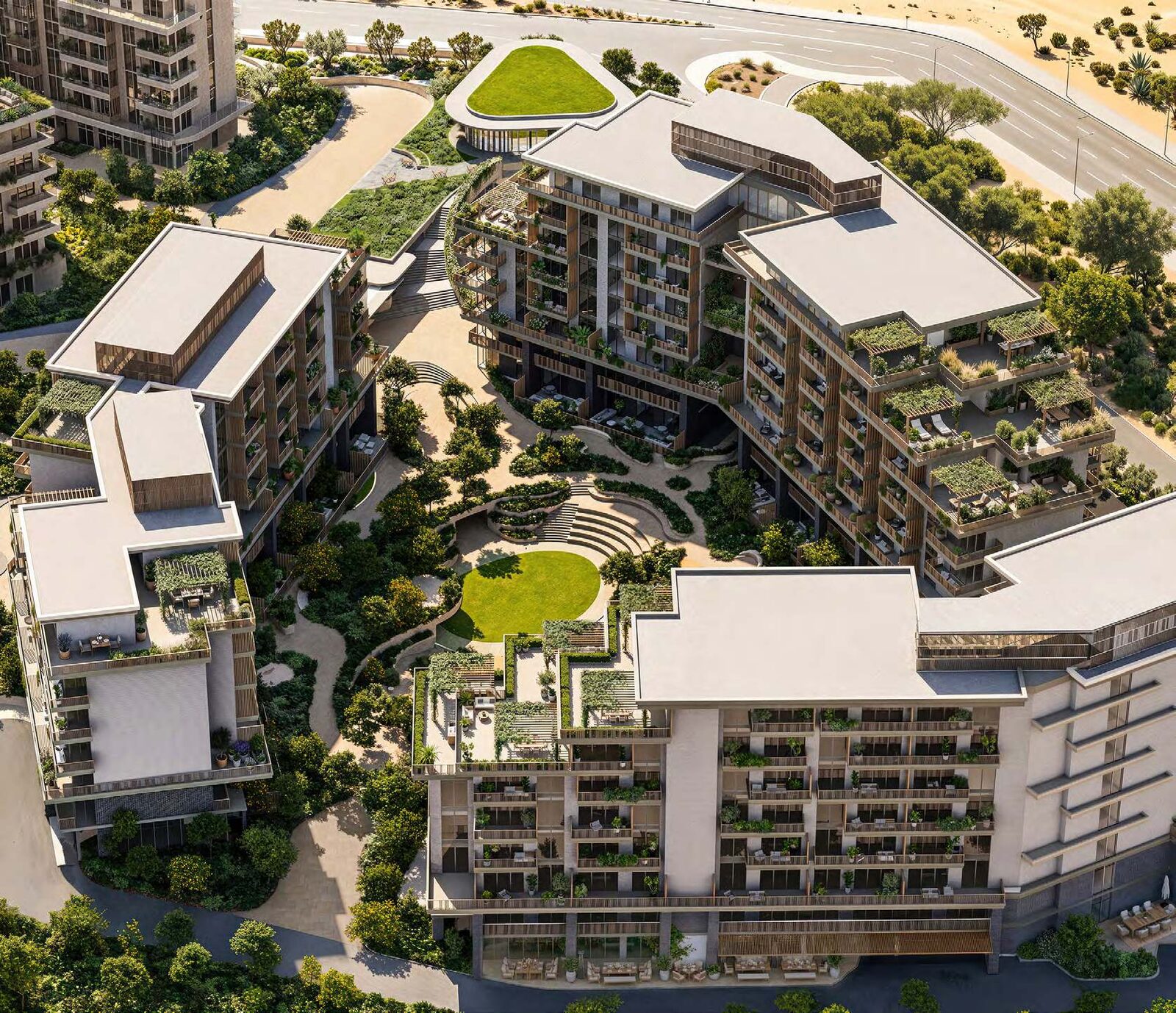 Aerial view of Arancia Yards Phase 1 buildings and central courtyard