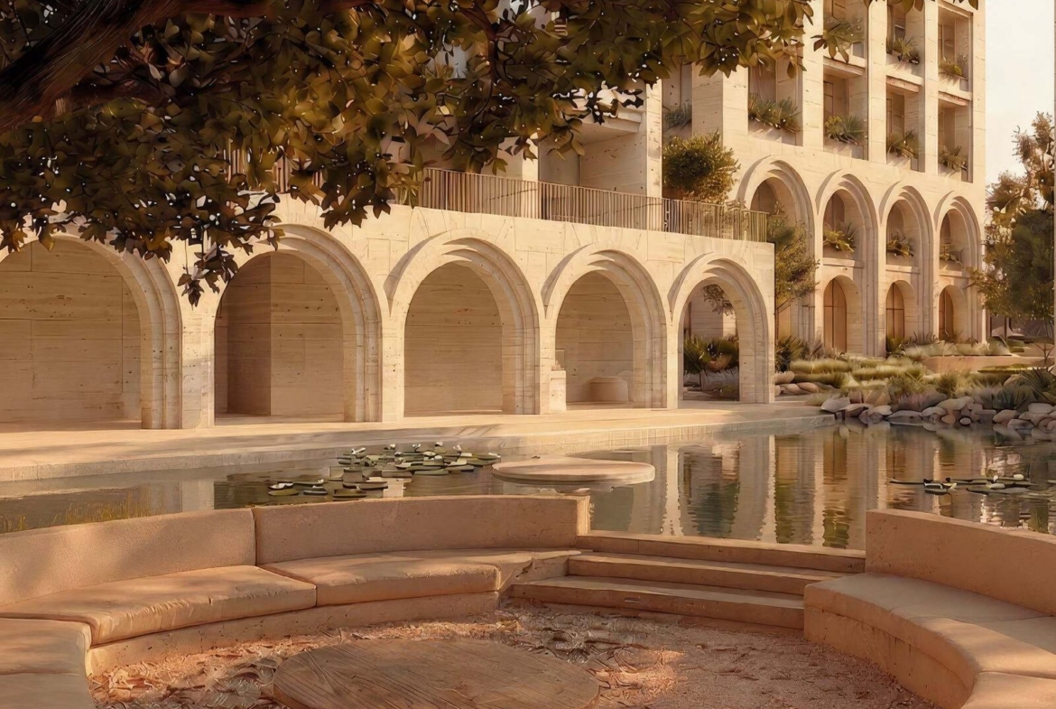 Resort-style lagoon and arched pavilion at Arancia Yards