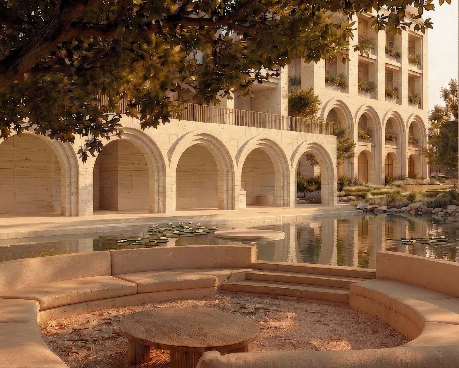 Resort-style lagoon and arched pavilion at Arancia Yards