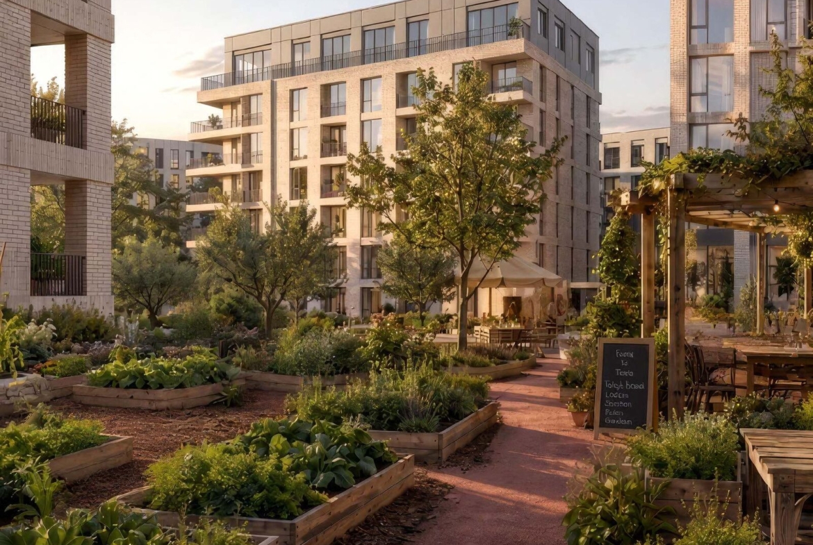 Garden-focused apartments and ground-floor retail at Arancia Yards