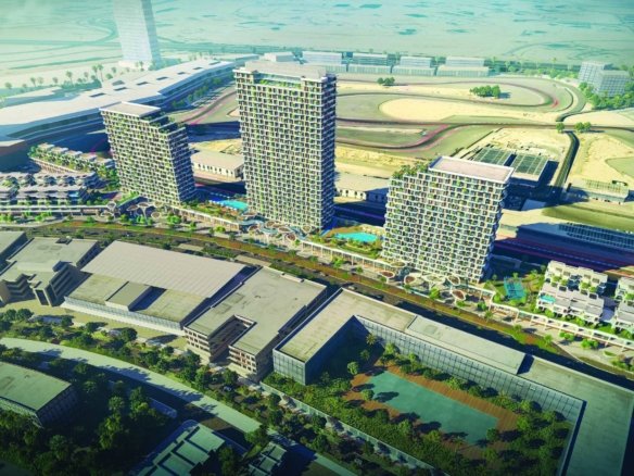 Takaya by Union Properties aerial view overlooking Dubai Autodrome