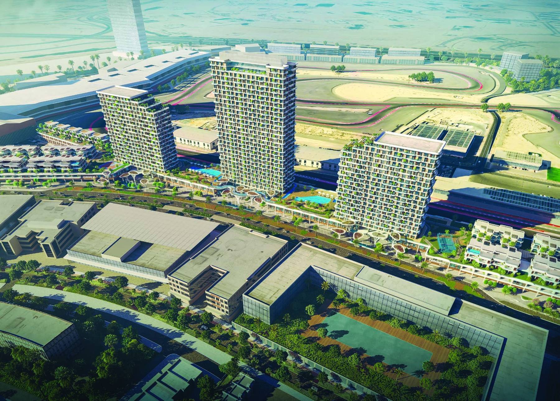 Takaya by Union Properties aerial view overlooking Dubai Autodrome