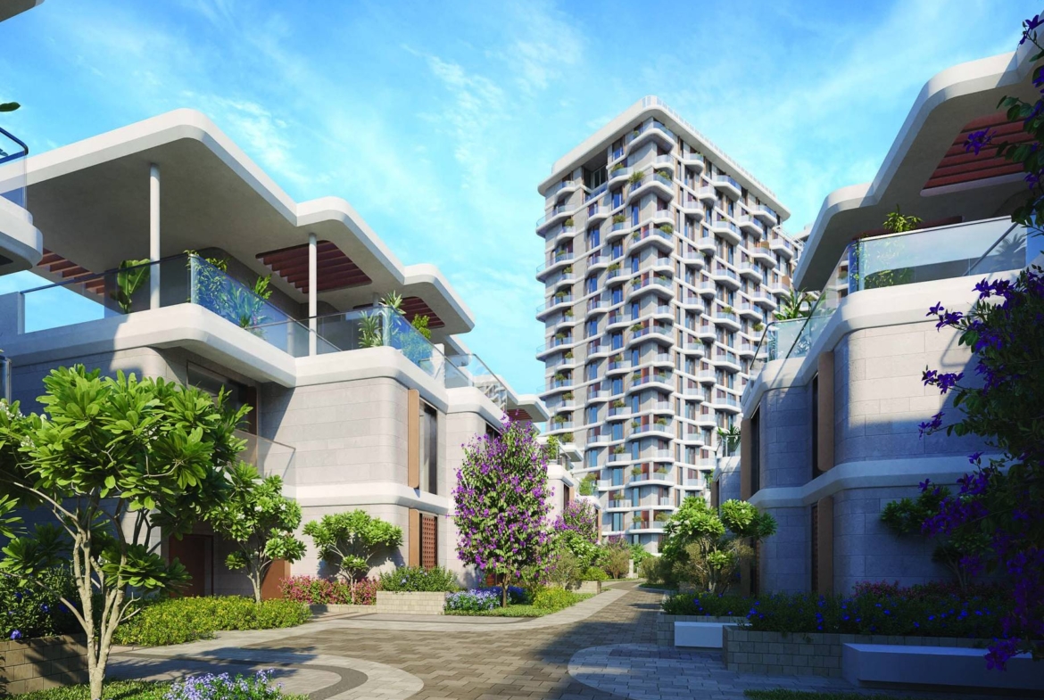 Takaya tower exterior framed by villas and landscaped walkways